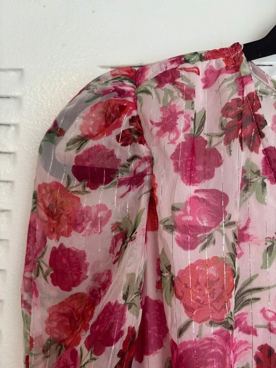 Stradivarius Pink Floral Midi Dress β Puff Sleeves Feminine Chic - Picture 7 of 14